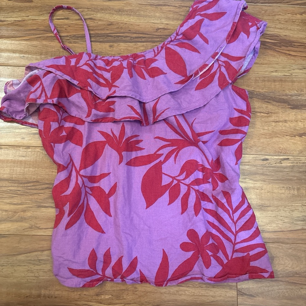 Floral One-Shoulder Top - Red and Purple